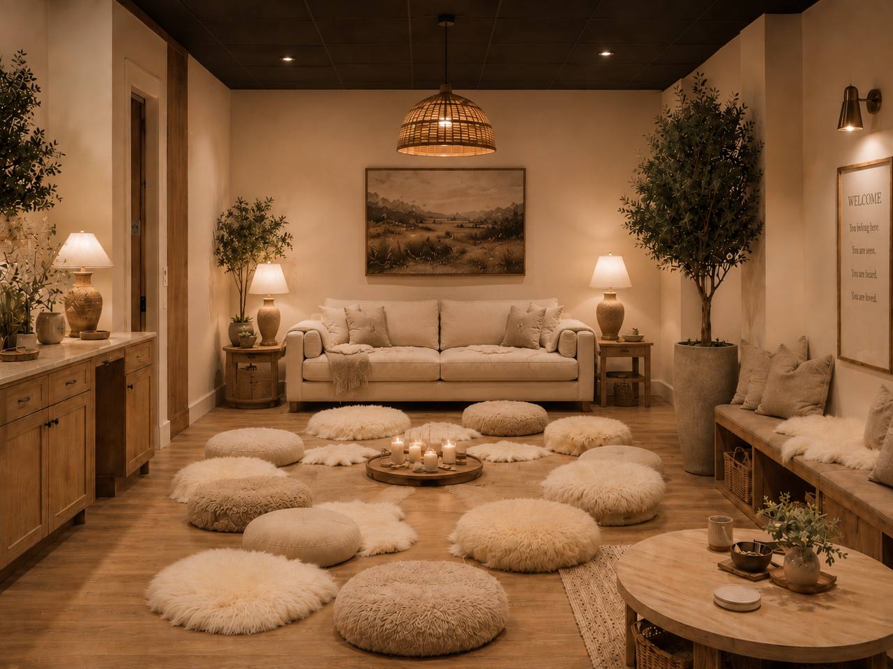 The circle room — fur floor cushions, candles, soft light, and other mothers