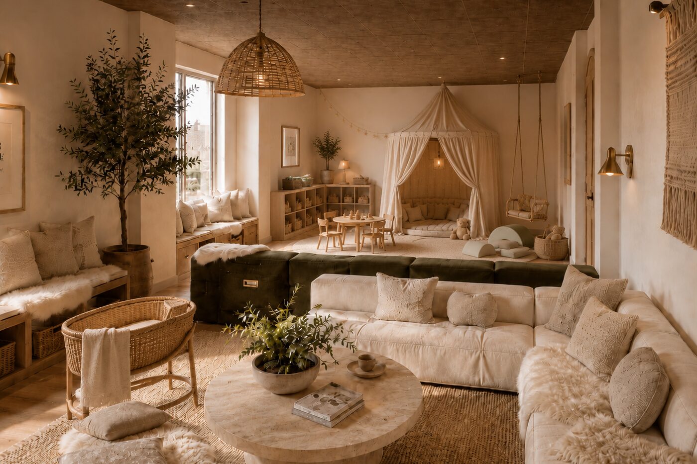 The lounge where mothers sit together, with the kids' space beside them