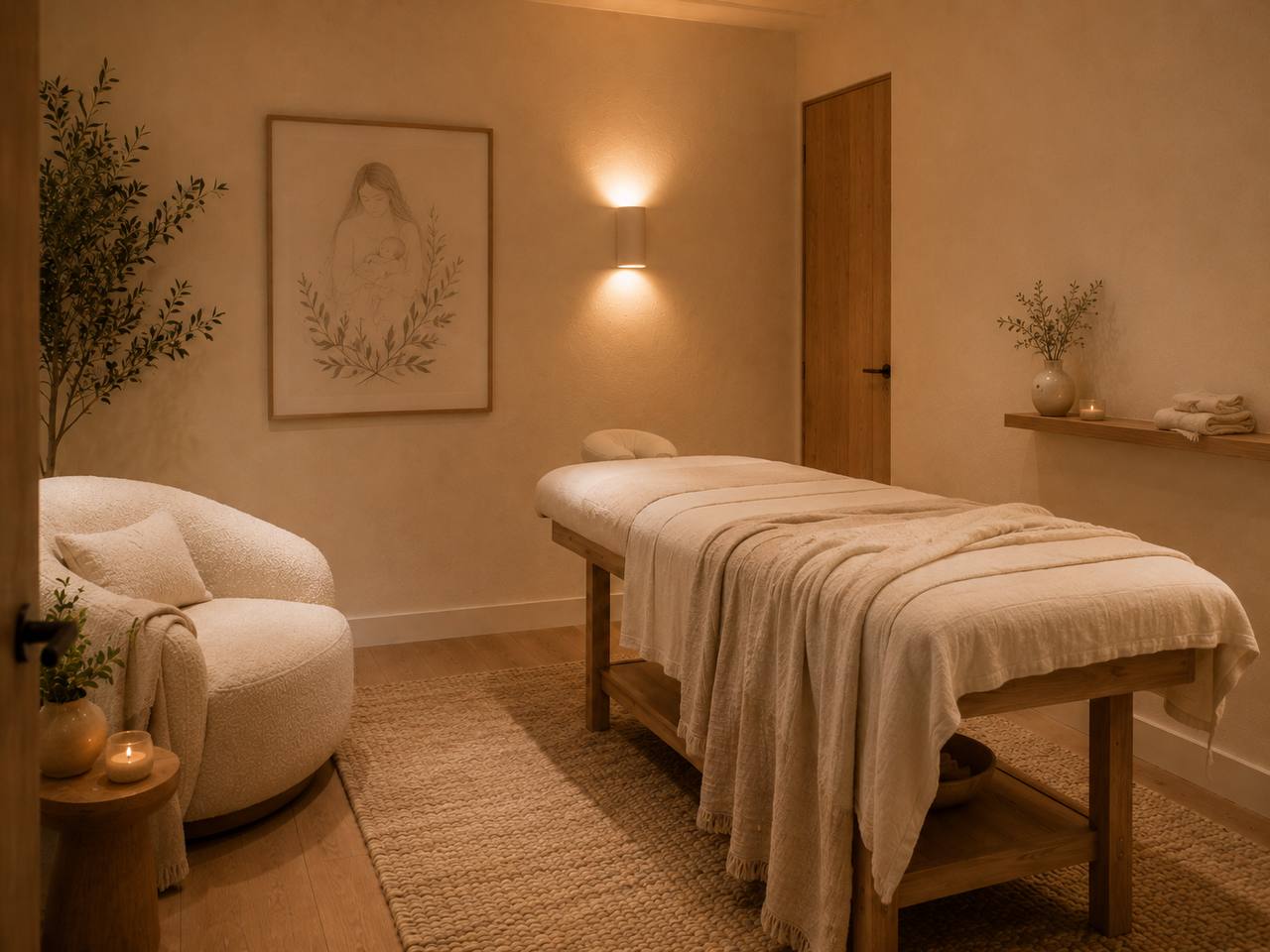 The Practitioner Room — a warm treatment room with a massage table, candles, and botanical art
